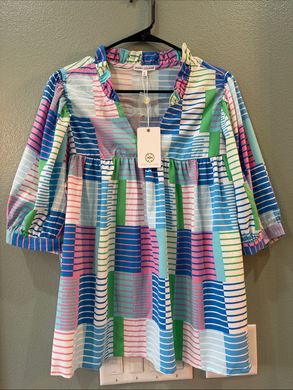 MARY SQUARE Multi-Color Striped Cotton Blouse - Blue/Pink/Green